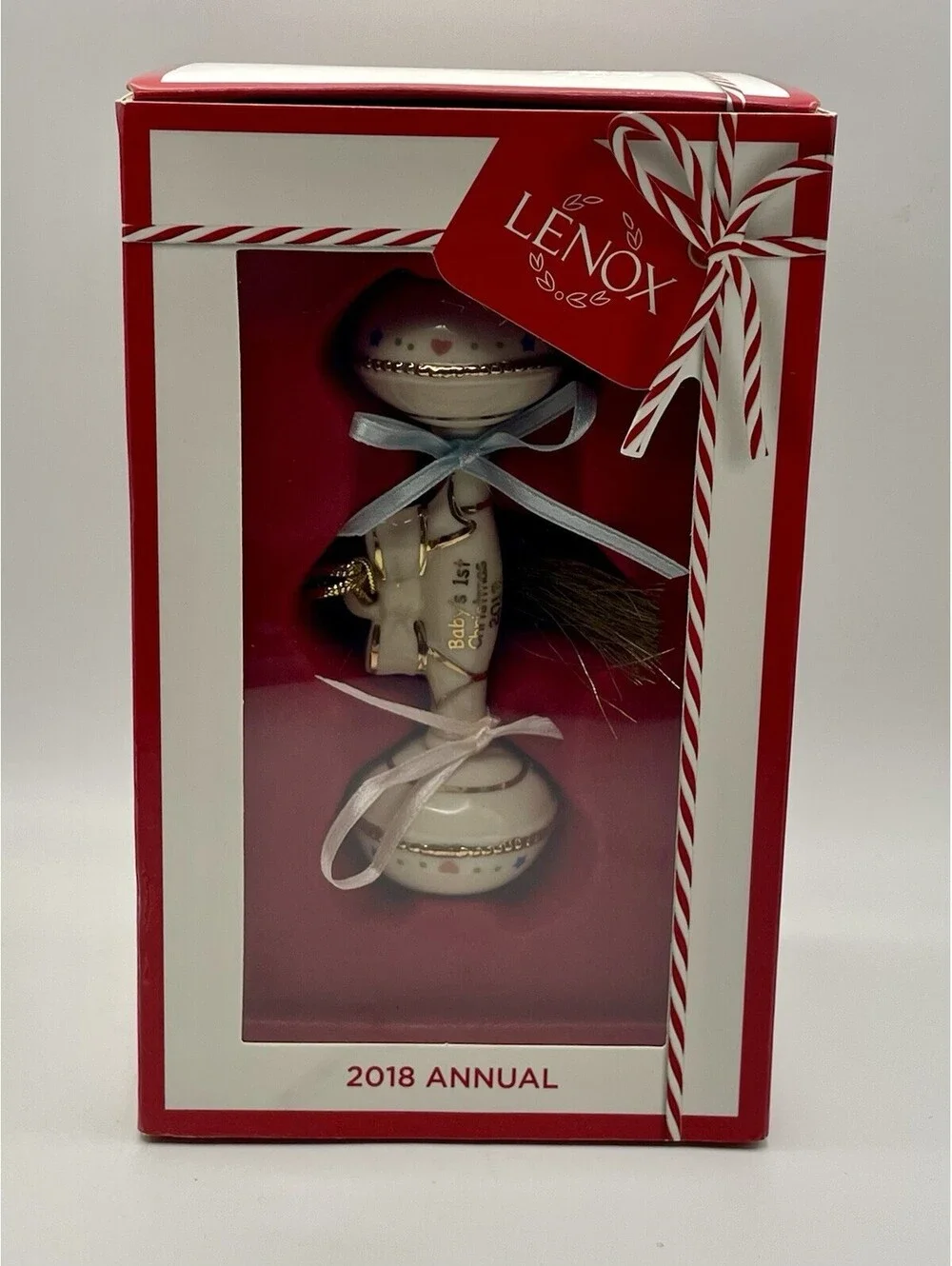 2018 Lenox Annual Baby's 1st Christmas Ornament Rattle Pink Blue Bows